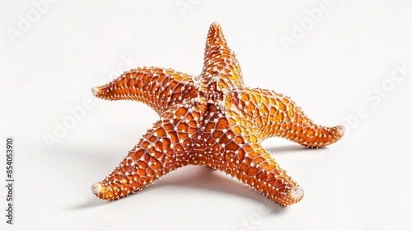Fototapeta A five-pointed starfish, with its rough, textured surface and vibrant orange color, sits on a stark white background. The image captures the animal's unique shape and fascinating adaptations for life