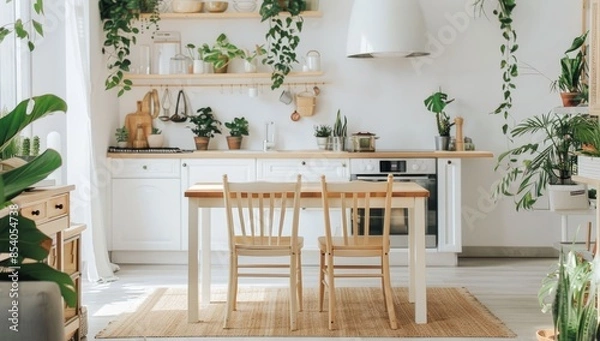 Fototapeta A kitchen with a table and two chairs, a white oven, and a white refrigerator