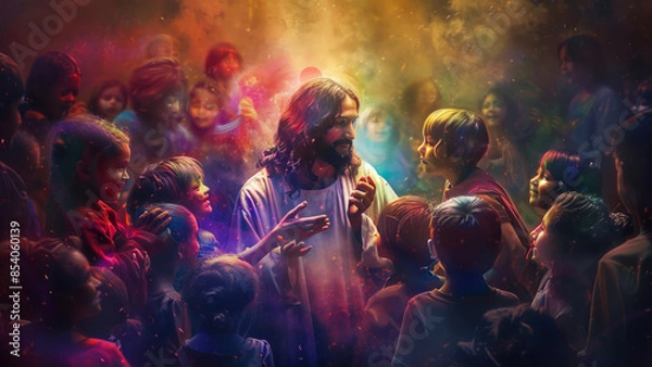 Fototapeta Jesus celebrating with children in a vibrant and festive setting, surrounded by colorful lights.
