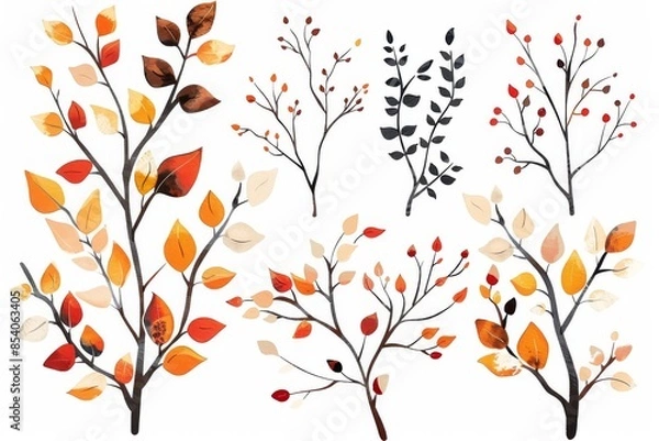 Fototapeta Branches drawing set, sketched autumn twigs, leaves, floral design elements, botany pictures