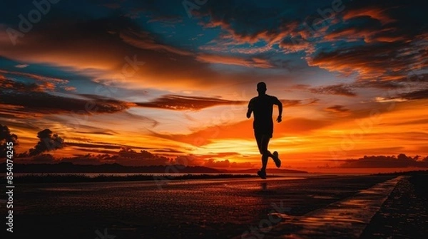 Fototapeta A person runs along a path against a colorful sunset sky with orange and red clouds. The horizon has dark silhouettes of distant land.