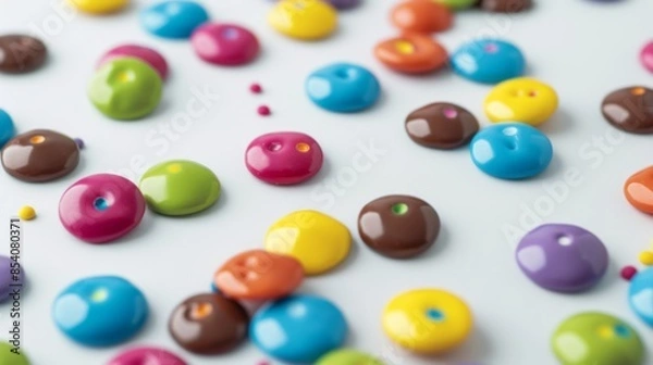 Fototapeta Set of colorful chocolate buttons scattered on a white surface