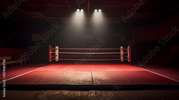 Fototapeta A dramatic photo of an empty boxing ring illuminated by a spotlight from the ceiling in a dark, empty gymnasium. The red mat and ropes stand out against the shadowy background, with two empty chairs 