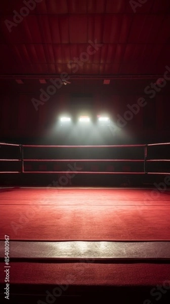 Fototapeta A dramatic photo of an empty boxing ring illuminated by a spotlight from the ceiling in a dark, empty gymnasium. The red mat and ropes stand out against the shadowy background, with two empty chairs 