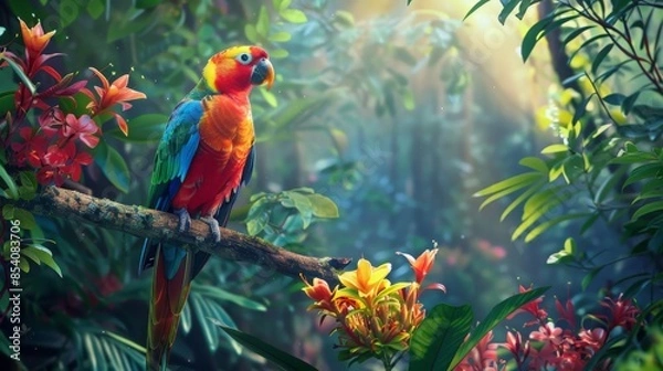 Fototapeta Colorful tropical bird perched on a branch, surrounded by dense rainforest foliage and vibrant flowers, with sunlight illuminating its vibrant feathers 