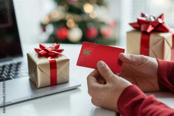 Obraz Close Up Photo of a Man's Hands Holding a Red Credit Card, Next to a Gift Box with a Bow on the Table in Front of a Laptop Screen. Perfect for holiday
