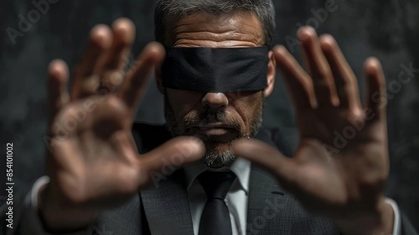 Fototapeta Blindfolded businessman reaching out in darkness. A businessman in a suit is blindfolded and reaching out with both hands in a dark environment, symbolizing uncertainty and search.
