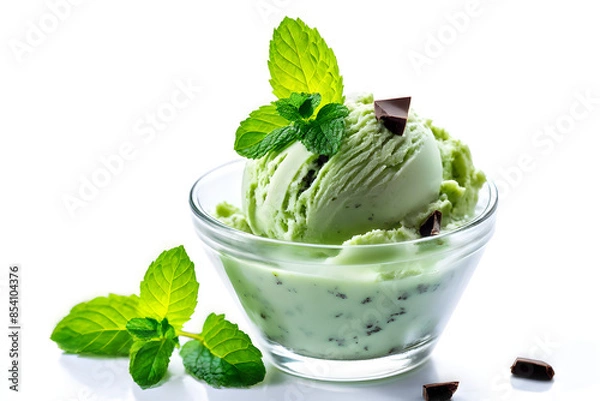 Obraz A refreshing scoop of mint chocolate chip ice cream garnished with fresh mint leaves in a clear glass bowl, captured on a white background