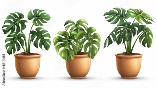 Fototapeta Three potted plants with green leaves sit in three different sized pots