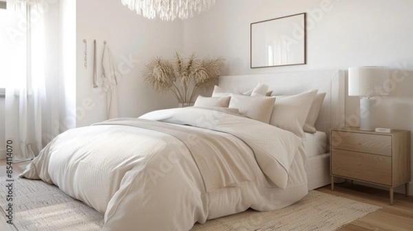 Obraz Cozy Bedroom with Neutral Decor and Statement Chandelier Generative AI