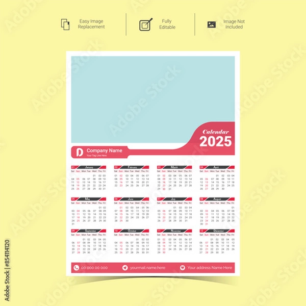 Obraz 2025 Corporate Wall Calendar Template Design.Set of single pages calendar vector design with  print template