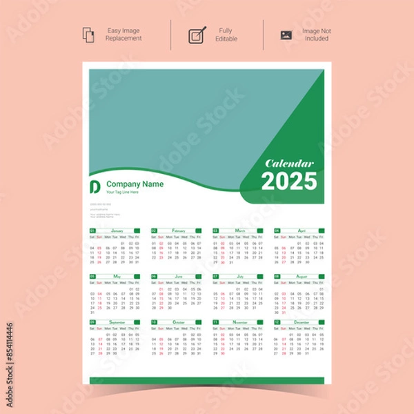 Obraz 2025 Corporate Wall Calendar Template Design.Set of single pages calendar vector design with  print template