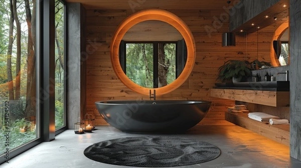 Fototapeta An ultra-realistic photo of a black modern bathroom with wooden accents, a large mirror and an oval bathtub. The high resolution ensures an exquisite and minimalistic design.