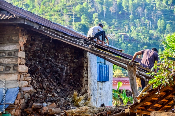 Fototapeta KATHMANDU, NEPAL - APRIL 26, 2015: Debris of buildings at the Durbar square in Kathmandu after, after a 7.8 earthquake, Nepal