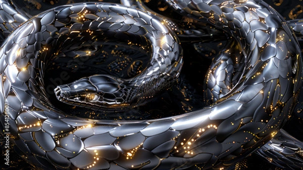 Obraz A striking metallic snake sculpture with a geometric design, showcasing modern art's sleek and reflective qualities in a captivating abstract form.