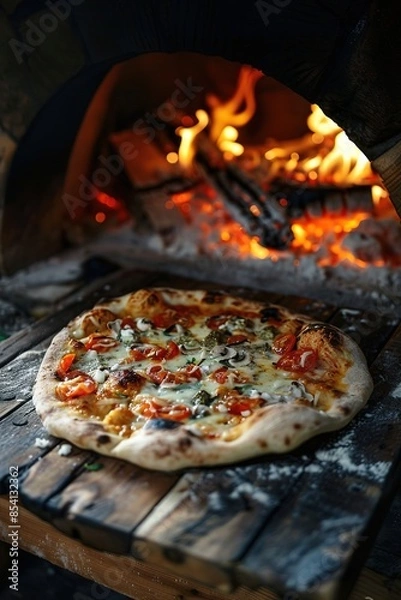 Obraz Wood-fired pizza baking in a traditional stone oven