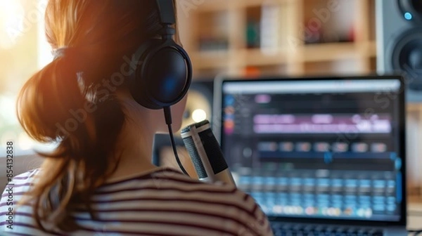 Fototapeta Person wearing headphones recording voiceover at a professional studio with a microphone and computer in the background.
