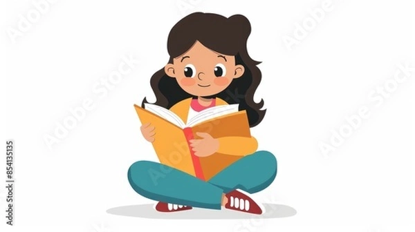 Obraz A girl is reading a book against a white backdrop