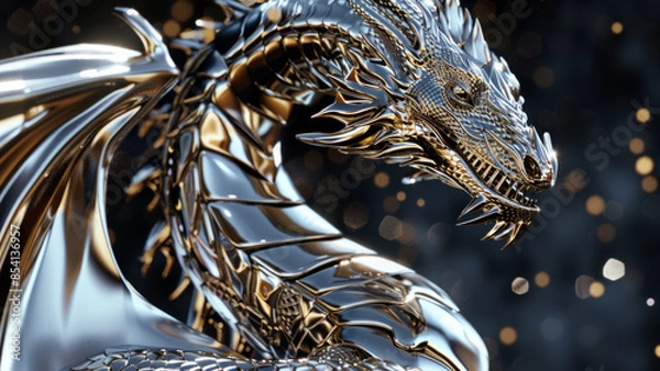 Fototapeta A striking metallic dragon sculpture with a geometric design, showcasing modern art's sleek and reflective qualities in a captivating abstract form.