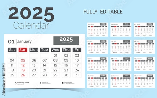 Obraz Corporate Desk Calendar Template Design for 2025.Set of Desk calendar vector design with  print template