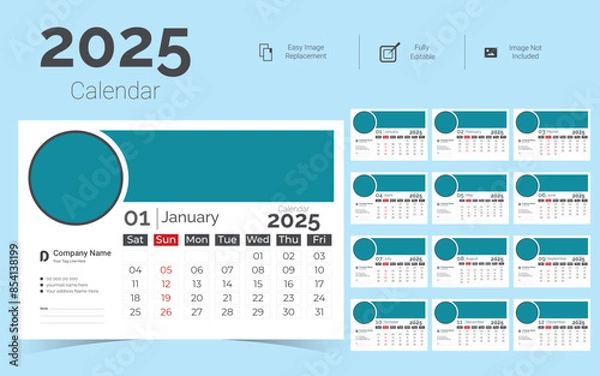 Obraz Corporate Desk Calendar Template Design for 2025.Set of Desk calendar vector design with  print template