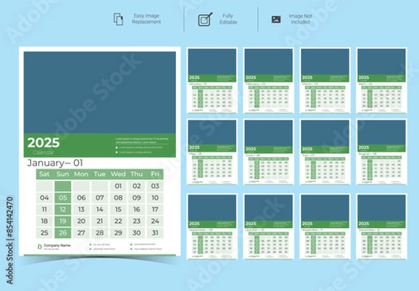 Obraz 2025 Corporate Wall Calendar Template Design.Set of 12 pages calendar vector design with  print template
