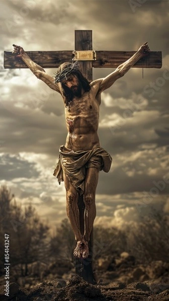 Fototapeta Jesus on the cross with a dramatic sky background.

