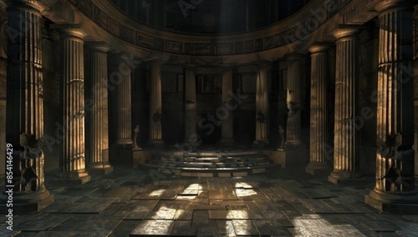 Fototapeta A captivating CG rendering of a circular ancient temple interior with dramatic lighting
