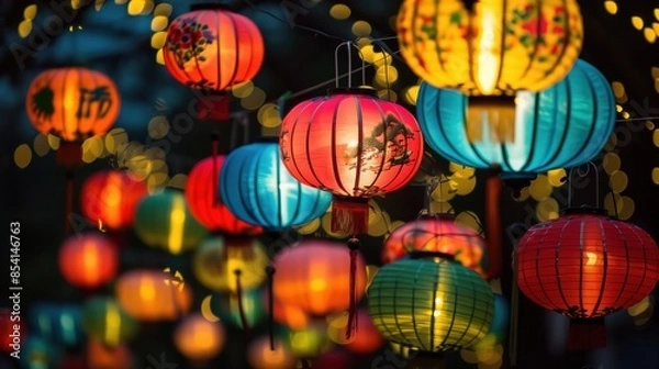 Fototapeta Vibrant paper lanterns illuminated at night, depicting traditional Asian designs, hanging for a festive occasion