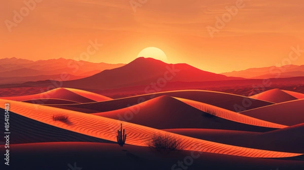 Fototapeta A desert landscape with a sun setting in the background