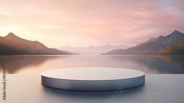 Fototapeta White Round Podium on Tranquil Lake at Sunrise with Copy Space