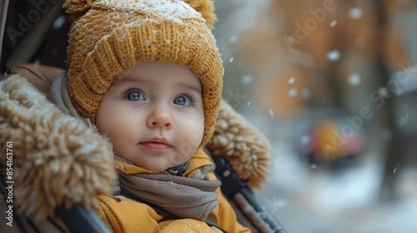 Fototapeta An infant marvels at falling snowflakes, adorned with a snow-covered beanie and a warm jacket