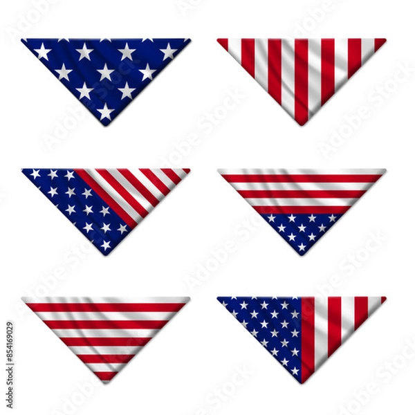 Obraz Folded USA flag. Set of American flags folded into a triangle isolated on white background. Concept Memorial Day, Independence Day, July 4th. Flat lay, Top view. Vector illustration.