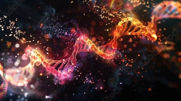 Obraz Genetic Elegance Vibrant DNA Helix in Technicolor Explosion HighTech Molecular Art on Black Background with Dramatic Lighting