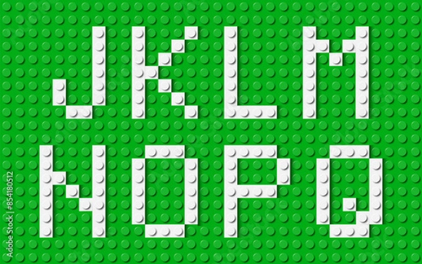 Fototapeta Letters of the alphabet composed of white plastic brick toy blocks on green construction plate. Building bricks font. Vector background illustration