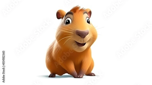 Fototapeta A cute and cuddly guinea pig sits on a white background. The guinea pig has brown fur and big, round eyes.