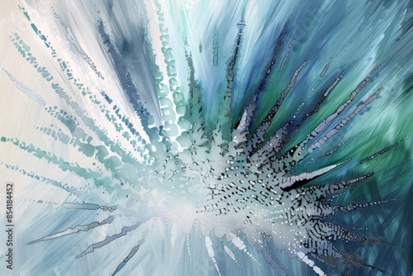 Fototapeta Abstract illustration, a composition of radiating dots and streaks in black, white, blue and green