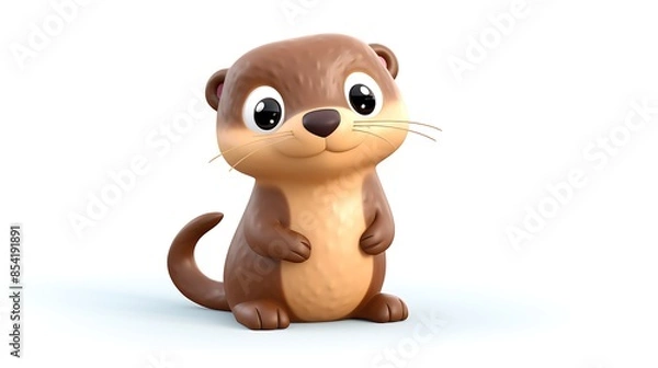 Fototapeta This is an adorable 3D rendering of an otter. The otter is sitting on a white background and looking at the camera with its big, round eyes.
