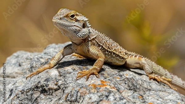 Fototapeta Photograph of a lizard basking in the sun on a rock, its scales shimmering in the light.