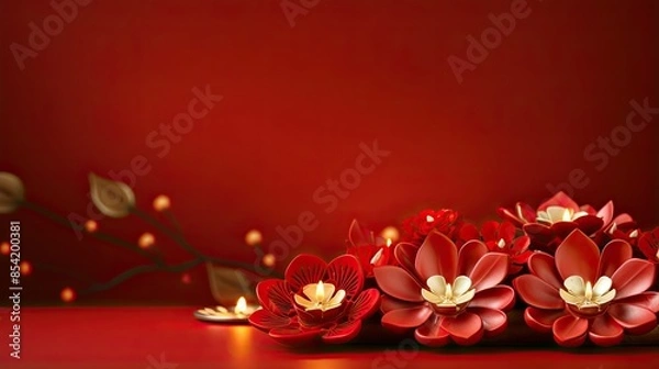 Obraz This is a beautiful image of a red flower. The petals are delicate and look like they are made of silk. The flower is surrounded by green leaves.