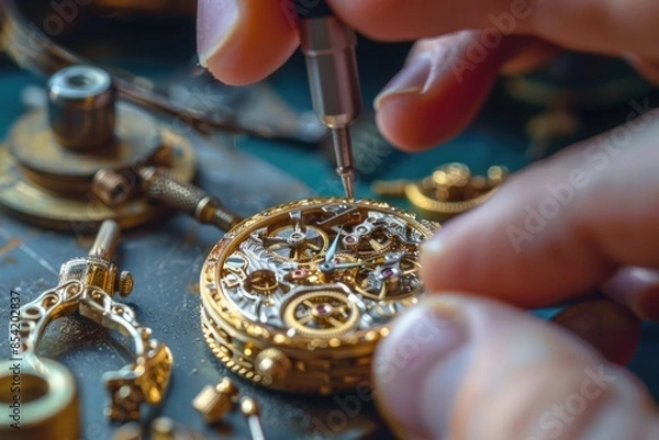 Fototapeta A close-up image of a watchmaker meticulously assembling the intricate gears and mechanisms of a high-end watch