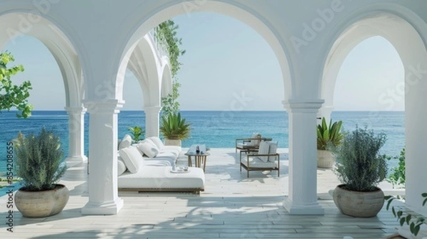 Fototapeta An architecture with white walls. The landscape is gorgeous and has a beautiful view of the sea. Stock is used.