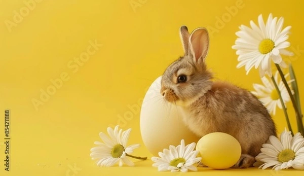 Fototapeta An Easter bunny with an egg in flowers on a yellow background. Stock.