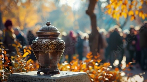 Fototapeta The ceremony of farewell with an urn full of ashes at the cemetery. The use of biometrics for the genotyping of DNA.