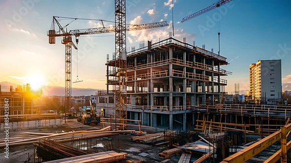 Obraz construction site for a large building with a clear blue sky background