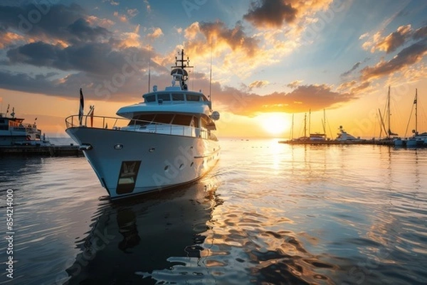 Fototapeta Picture of an opulent yacht cruising with the backdrop of a breathtaking orange sunset and calm waters