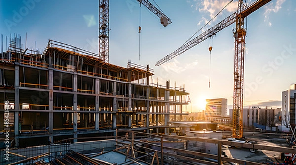 Fototapeta construction site for a large building with a clear blue sky background