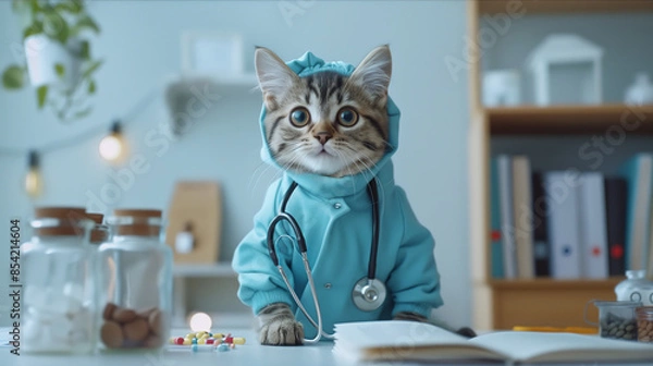 Fototapeta Cute cat in a vet costume with stethoscope, sitting on a table in a veterinary clinic. Cat doctor