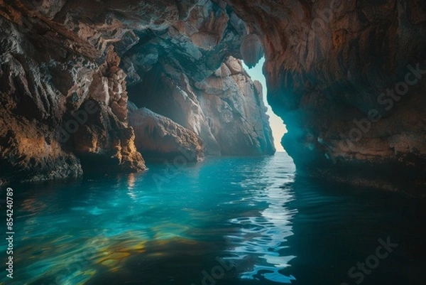Fototapeta Turquoise water entering sea cave with light beams