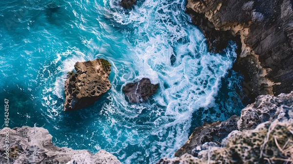 Fototapeta Ruhige blaue Meereswellen prallen sanft gegen felsige Klippen: Eine entspannende, naturverbundene Küstenszene mit friedlicher Ozeanbewegung und atemberaubender Felsformation.